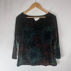 Coldwater Creek Women's Blouse Size Medium Green/Black Velvet Shirt